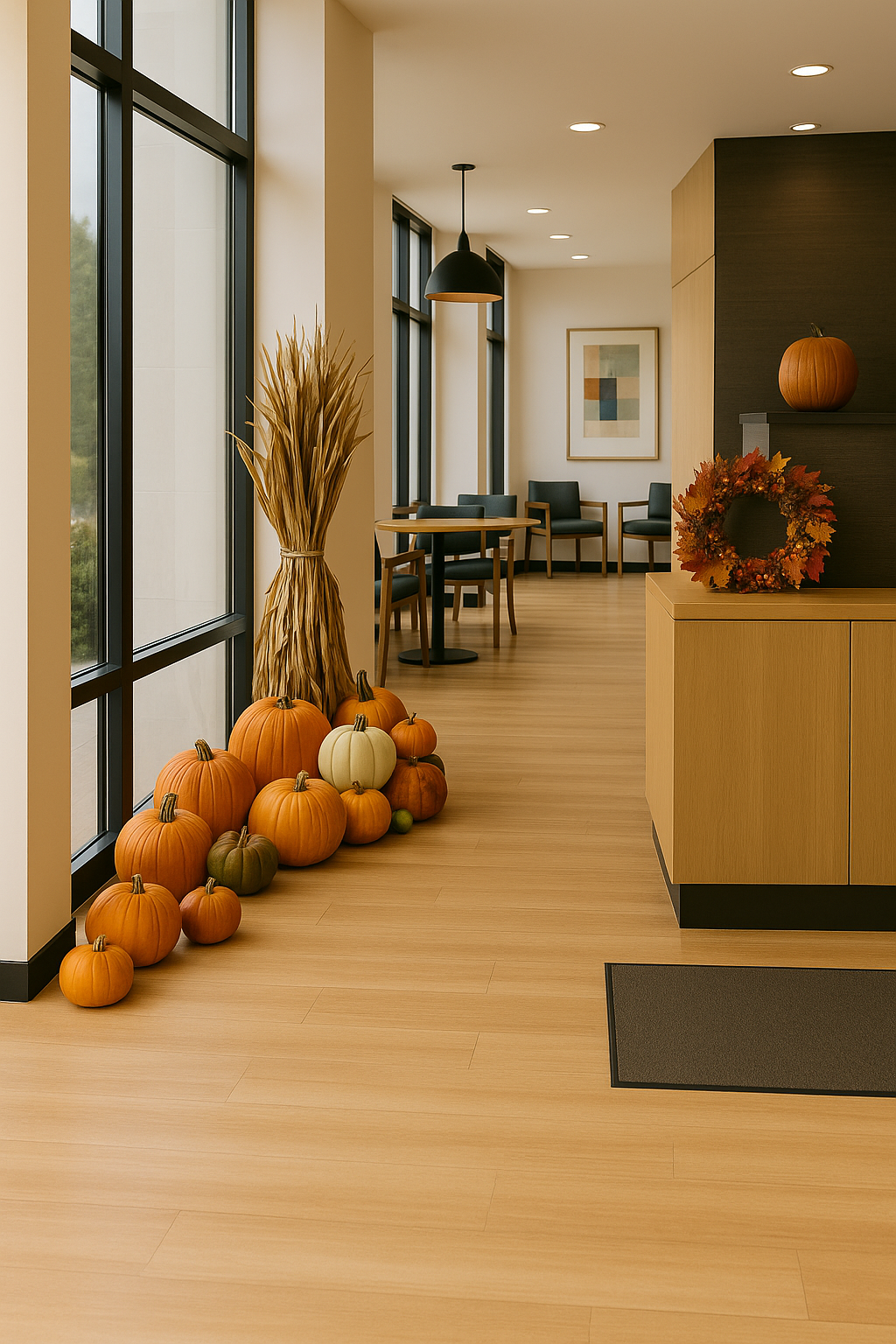Modern office interior decorated with pumpkins and fall decor