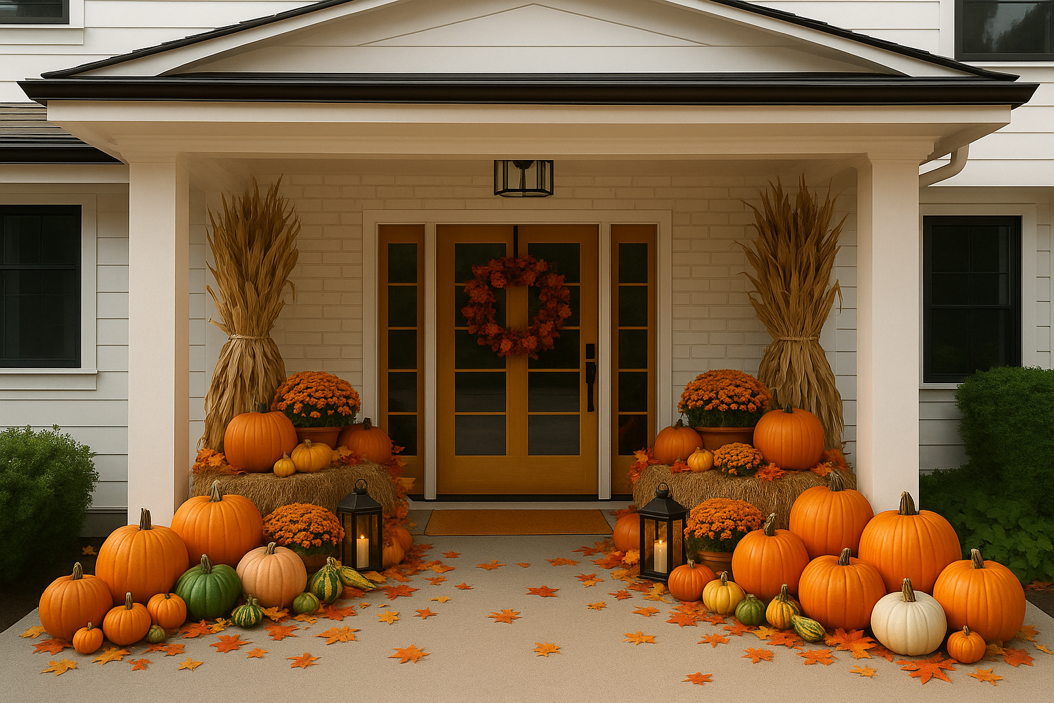 Covered porch with elegant fall decorations, wheat stalks, and pumpkins