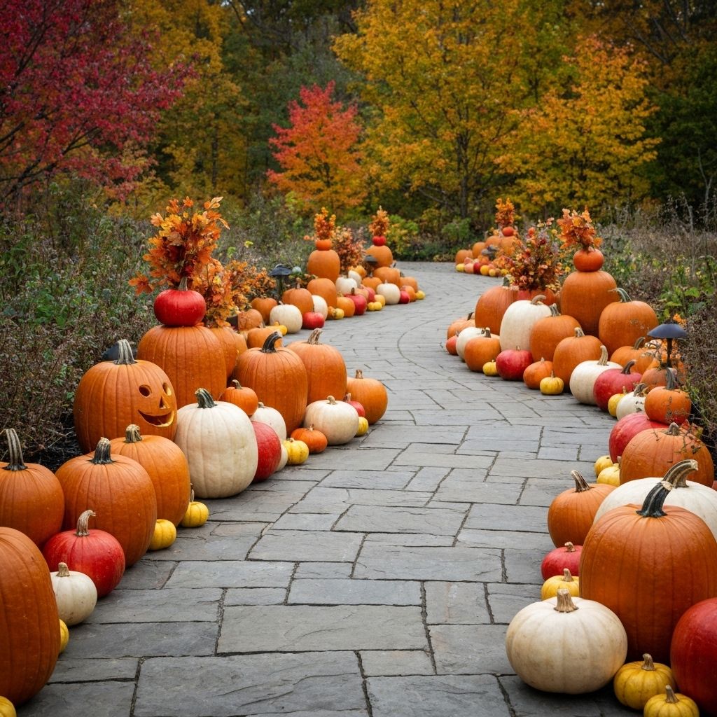 Stone walkway with pumpkins