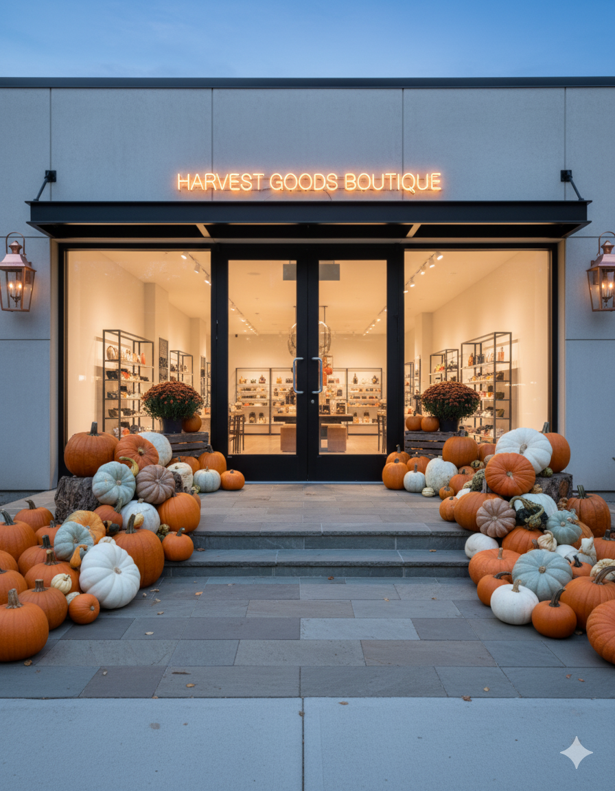 Harvest Goods Boutique storefront decorated with pumpkins and mums
