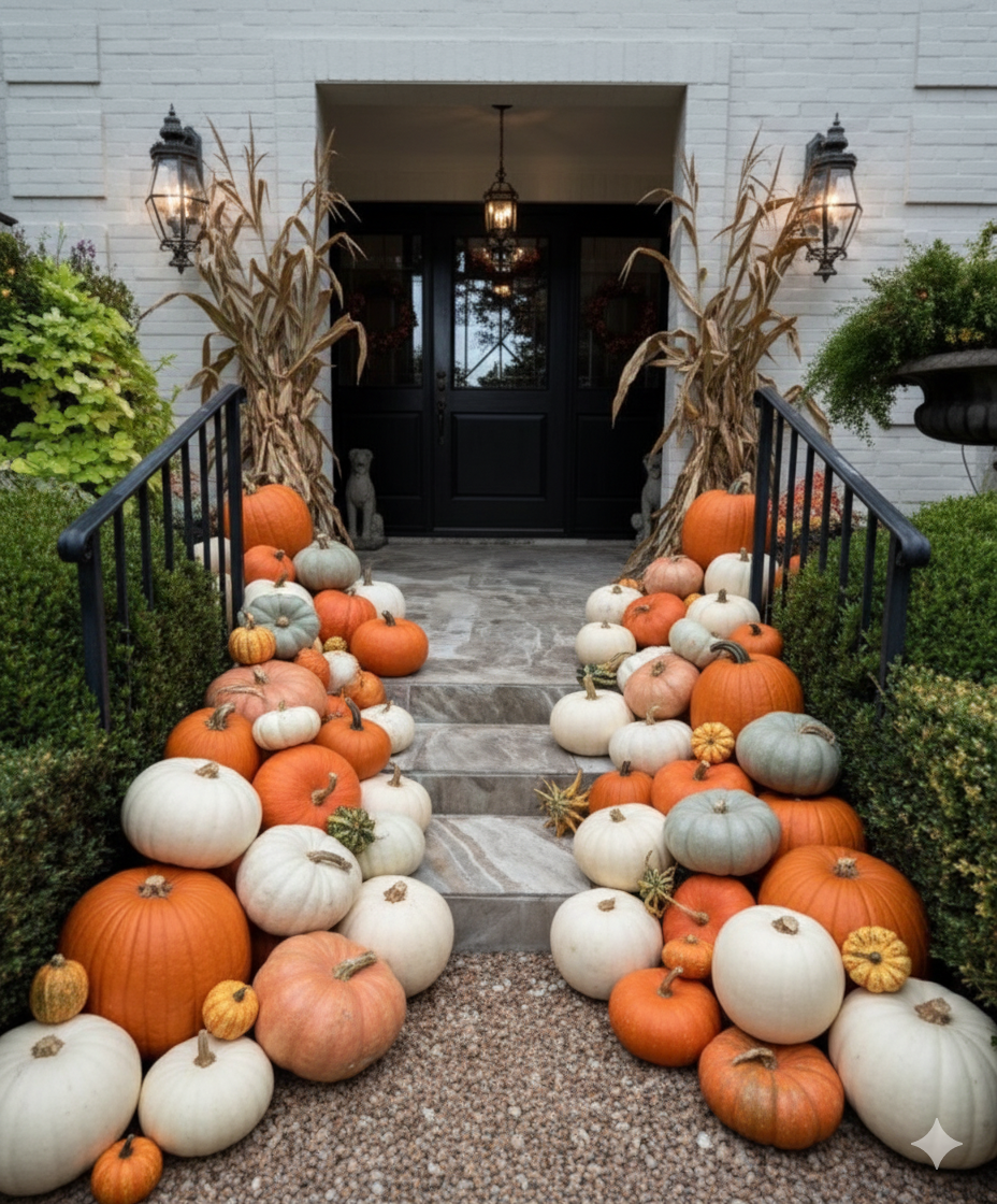 Beautiful home entrance decorated with orange and white pumpkins along stone steps