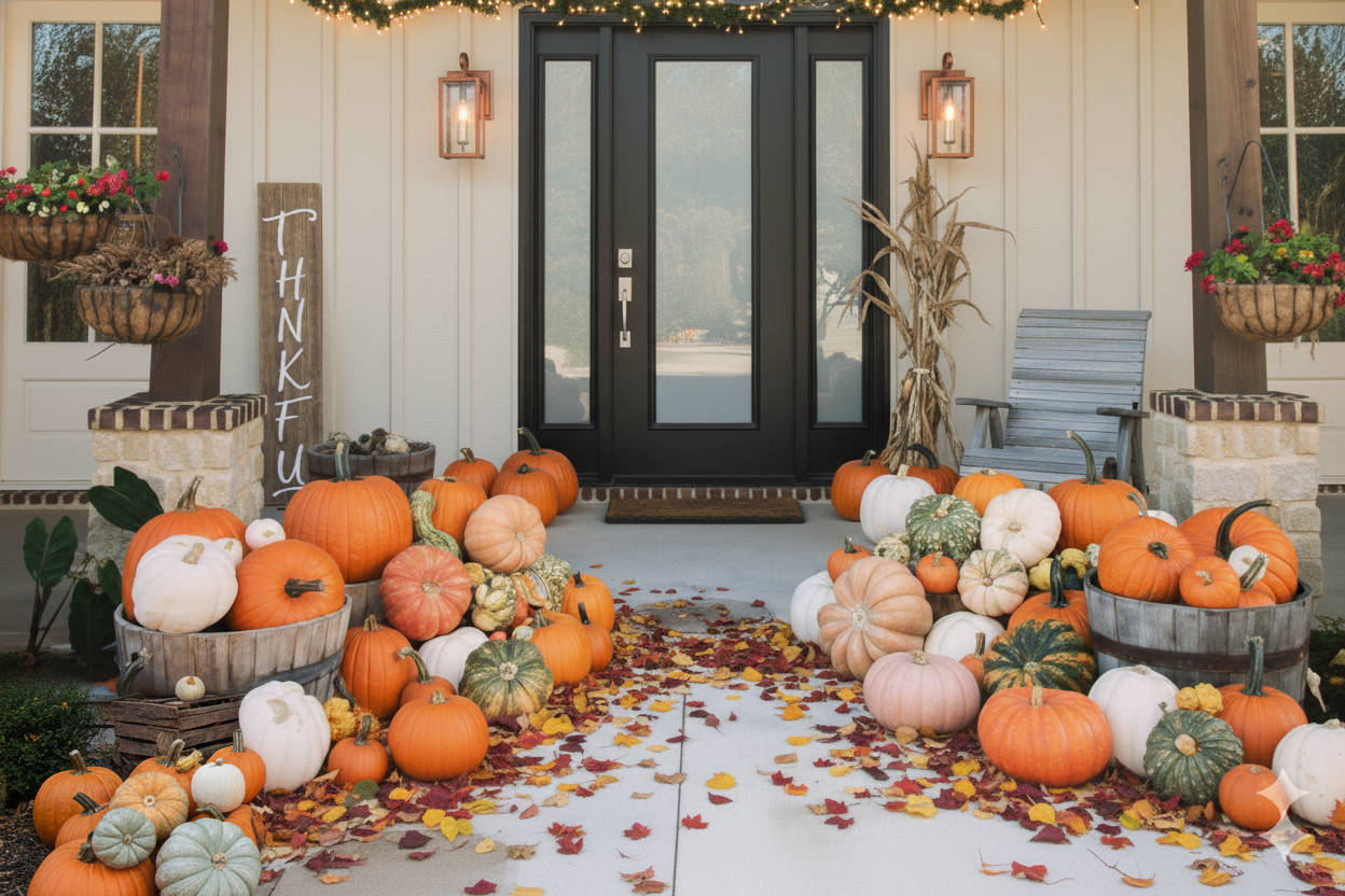 Thanksgiving display with large THANKFUL sign, warm twinkle lights, and harvest cornucopia